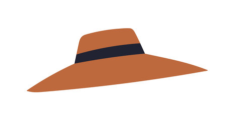 Wide-brim summer hat. Elegant stylish sunhat with ribbon, band. Classic women headwear in modern design style. Fashion head accessory, clothing. Flat vector illustration isolated on white backgroundのイラスト素材