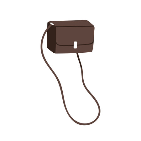 Box bag with long shoulder strap. Small structured hard purse, stylish women accessory. Elegant female fashion clutch in modern trendy style. Flat vector illustration isolated on white backgroundのイラスト素材