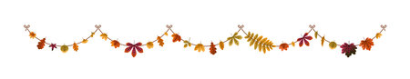 Fall leaves garland. Autumn leaf decoration hanging on string. Decorative seasonal botanical banner, adornment. Foliage decor, festive ornament. Flat vector illustration isolated on white backgroundのイラスト素材