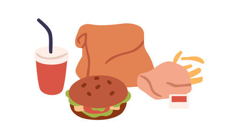 Fast food, takeaway meal. Burger, French fries, soda drink, sauce, take-away paper bag. Unhealthy takeout snacks, cheeseburger and beverage to go. Flat vector illustration isolated on white backgroundのイラスト素材
