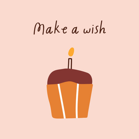 Birthday card design. Festive b-day candle on cupcake, square postcard. Sweet holiday food, dessert...