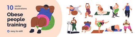 Active fat people exercising, training. Plus-size obese characters at fitness, gym, yoga and sports workouts with ball, dumbbell, treadmill. Flat vector illustrations set isolated on white backgroundのイラスト素材