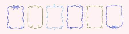 Hand-drawn frames, curly wavy line borders. Doodle scribble vintage ornaments, decorations with ribbon bow. Romantic coquette ornate decor, decorative element with swirls. Vector illustrations setのイラスト素材