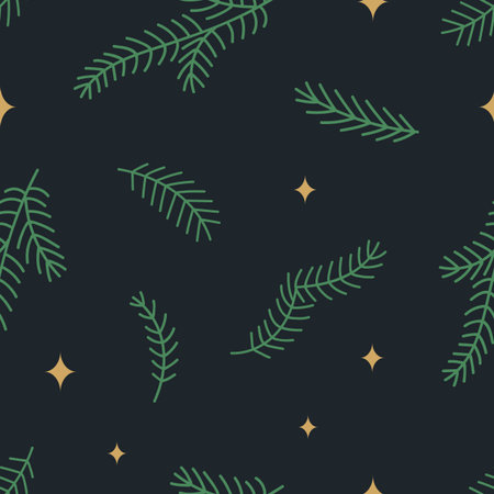 Fir branches and stars, Christmas pattern, seamless festive design. Winter holiday background with...