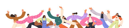 Happy people group celebrating, dancing together. Positive joyful young men and women, horizontal banner. Excited crowd, arms up, energetic fun. Flat vector illustration isolated on white backgroundのイラスト素材