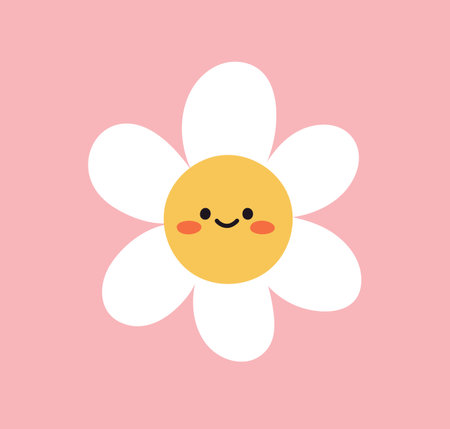 Happy cute daisy. Funny smiling flower, adorable kawaii face expression, joyful cheerful emoji with positive emotion. Sunny chamomile with petals, blush red cheeks. Flat vector illustrationのイラスト素材