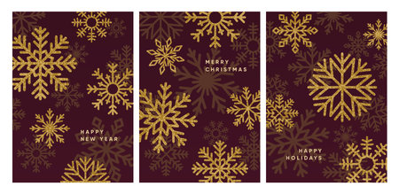 Merry Christmas and Happy New Year, greeting card designs set. Winter holiday posters. Festive seasonal Xmas postcards with snow crystals, snowflake pattern and typography. Flat vector illustrationのイラスト素材