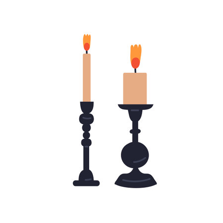 Candle holders. Candlesticks with warm fire flame. Wax light in candleholders in vintage style. Festive decoration, cozy candlelight, home decor. Flat vector illustration isolated on white backgroundのイラスト素材