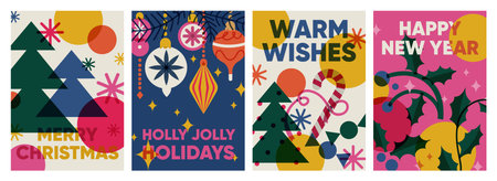 Merry Christmas and Happy New Year, greeting cards set. Festive winter holiday poster design in...