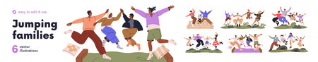 Happy jumping families set. Joyful mom, dad with funny joyous kids laughing, smiling together....