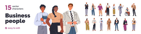 Diverse business people, businessmen and businesswomen set. Employees, office workers, managers, entrepreneurs, CEO. Men and women professionals. Flat vector illustration isolated on white backgroundのイラスト素材
