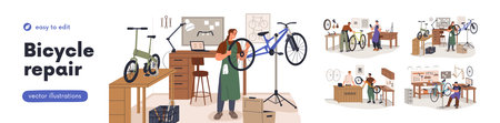 Bicycle repair service set. Repairmen, workers pumping tires, working with cycle chain, wheel puncture. Mechanics fixing bikes at workshops. Flat vector illustrations isolated on white backgroundのイラスト素材
