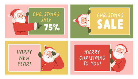 Christmas sale banners set with cute funny Santa Claus peeking with promotion offer. Marketing background designs for winter holiday discount with New Year and Xmas greetings. Flat vector illustrationのイラスト素材