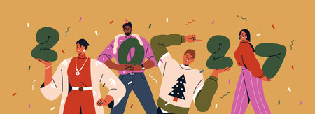 Happy people holding 2027 numbers, holiday celebration. New Year seasonal banner, festive office...