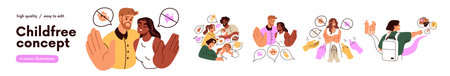 Childfree by choice concept. Child-free and childless women, men, couples dont want kids. People...