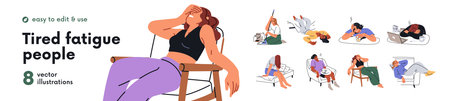 Tired fatigue people set. Apathy, weakness, burnout concept. Exhausted sleepy lazy overworked characters with low energy, tiredness, exhaustion. Flat vector illustration isolated on white backgroundのイラスト素材
