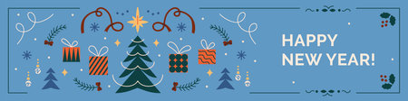 Happy New Year banner design. Festive winter greeting background, horizontal header with Christmas tree, star, gift box, ribbon, snowflake, ornament, Scandinavian pattern. Flat vector illustrationのイラスト素材