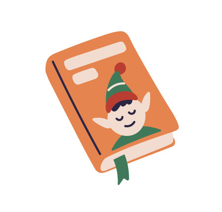 Kids story book with elf on cover. Children literature with fiction character. Fairytale with bookmark. Christmas reading. Fairy tale, storybook. Flat vector illustration isolated on white backgroundのイラスト素材