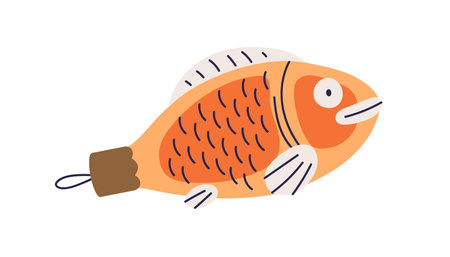 Christmas bauble in vintage retro old style, fish shape. Xmas glass ornament, decoration. New Year tree toy, winter holiday festive adornment. Flat vector illustration isolated on white backgroundのイラスト素材