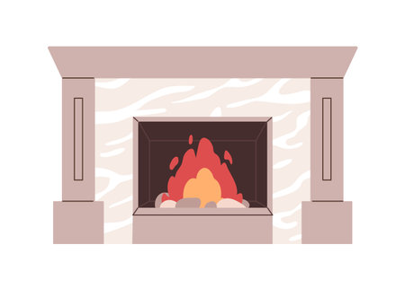 Fireplace with flame burning with stones. Cozy fireside, hearth, fire place with glowing blaze, marble mantelpiece. Festive furnace, home decor. Flat vector illustration isolated on white backgroundのイラスト素材