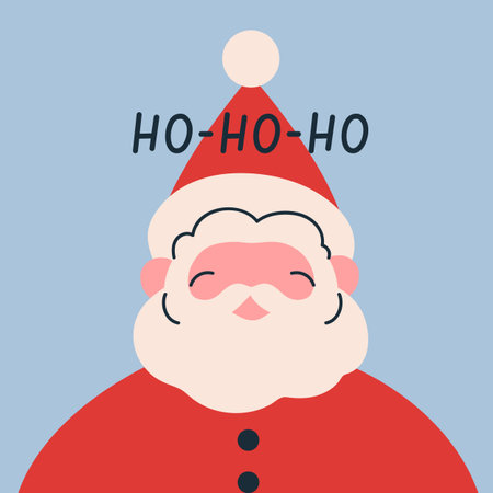 Christmas post card with happy Santa Claus. Festive square postcard design with Xmas character in red suit and hat, New Year greeting, seasonal winter holiday background. Flat vector illustrationのイラスト素材