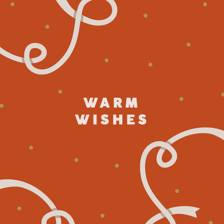 Christmas and New Year greeting card design. Festive square postcard with decorations, swirling ribbon, Warm Wishes, winter holiday typography. Abstract Xmas background. Flat vector illustrationのイラスト素材