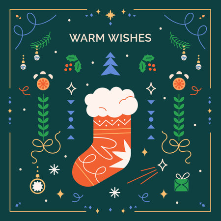Merry Christmas and Happy New Year post card design with Xmas stocking, warm sock for gifts. Festive square postcard with winter holiday elements pattern, ornaments. Flat vector illustrationのイラスト素材