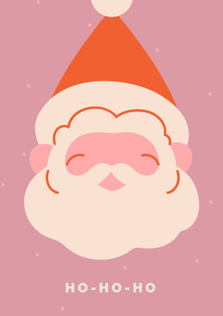 Santa Claus, greeting card design. Cute Christmas character with red cap, beard, happy face, festive winter holiday poster. Newyear postcard with seasonal Xmas typography. Flat vector illustrationのイラスト素材