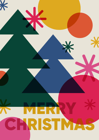 Merry Christmas card design. Festive winter holiday greeting poster, colorful geometric shape, Xmas fir tree, snowflake pattern in modern style. Abstract New Year postcard. Flat vector illustrationのイラスト素材