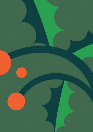 Christmas holly berries, leaves, branch decoration, seasonal poster design. Festive winter holiday plant, card with traditional twig. Modern postcard, vertical background. Flat vector illustrationのイラスト素材