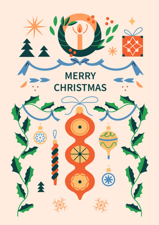 Christmas card design. Xmas and New Year holiday poster with baubles, ornaments in retro style. Festive greeting postcard with vintage adornments, holly leaves pattern. Flat vector illustrationのイラスト素材