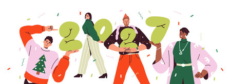 Happy New Year banner with young people team holding 2027 numbers, celebrating holiday. Newyear party celebration with friends and confetti. Flat vector illustration isolated on white backgroundのイラスト素材