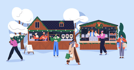 Christmas holiday, people walking and shopping at street market, festive fair. Outdoor cafe and bakery booths with hot drinks, food. Seasonal winter advent, vacation. Flat vector illustrationのイラスト素材