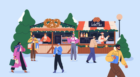 Christmas holiday market, people walking outdoors. Winter seasonal cafe stalls, booths, street fair in cold season, Xmas advent. Festive shopping, wintertime preparations. Flat vector illustrationのイラスト素材