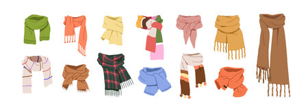 Scarf set. Scarves, winter and autumn clothes wrapped around neck. Warm woolen and cotton kerchief. Cold weather accessory, seasonal garment. Flat vector illustration isolated on white backgroundのイラスト素材