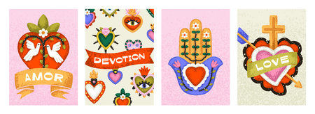 Mexican hearts, love card design set. Valentines Day posters with folk religious amor symbols, Mexico art. Postcards with latin corazon, cross, flame, dove and flower. Flat vector illustrationsのイラスト素材