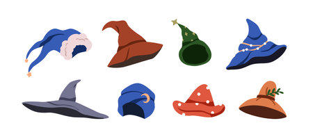 Wizards and magicians hats set. Fairy magic caps, conical headwear. Halloween head wearing, accessory. Pointed headdresses of cone shape. Flat vector illustrations isolated on white backgroundのイラスト素材