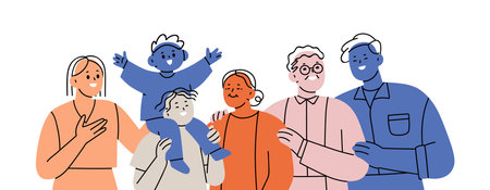 Large family portrait. Grandparents, parents and children together. Happy smiling mother, father, kids, grandfather and grandmother. Abstract flat vector illustration isolated on white backgroundのイラスト素材