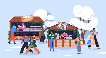 Christmas market, winter fair. Festive holiday street food and hot drinks in outdoor stalls. People walking by seasonal booths, cabins at wintertime, Xmas advent. Flat vector illustration.のイラスト素材