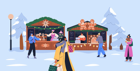 Christmas fair with street stalls and people walking. Winter holiday market with festive stands, cabins, vendors selling gifts, souvenirs. Outdoor seasonal booths. Flat vector illustration.のイラスト素材