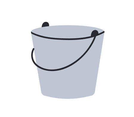 Metal bucket with handle. Empty gray steel pail for gardening, cleaning, household. Iron conatainer, utility tool for liquid storage. Flat vector illustration isolated on white background.のイラスト素材