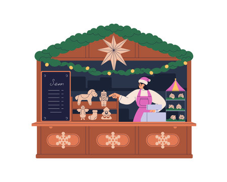 Christmas stall with souvenir toys, wooden ornaments. Vendor artisan at counter in kiosk with festive handcrafted baubles on winter holidays. Flat vector illustration isolated on white backgroundのイラスト素材
