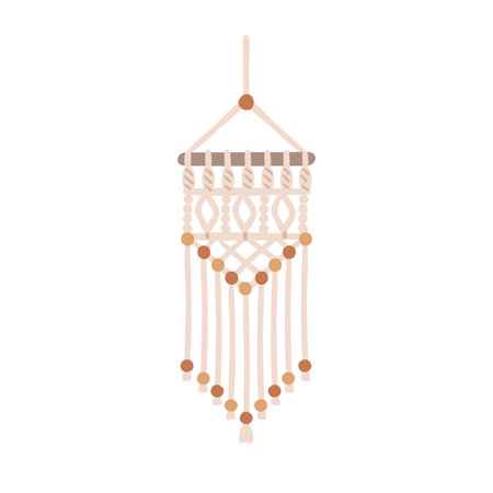 Macrame, wall decoration hanging. Boho style decor with rope knots, beads, cord fringe, string. Decorative handmade interior ornament, accessory. Flat vector illustration isolated on white backgroundのイラスト素材