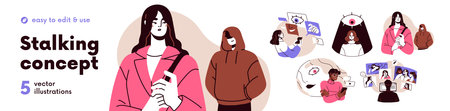 Stalking and surveillance concept set. Stranger, anonymous stalker follow victim on street and on...