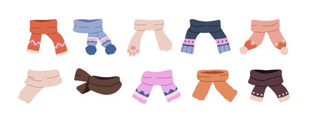 Scarf set. Cold winter season neck accessories. Warm woolen soft scarves wrapped. Wool knitted clothes, knitwear with fringe, pompom, pattern. Flat vector illustration isolated on white backgroundのイラスト素材