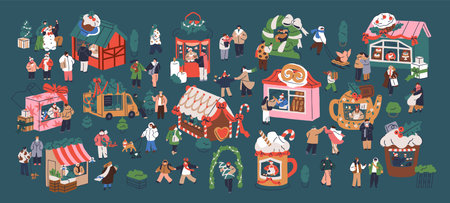Christmas fair, winter holiday market, festival with Xmas stalls, happy merry tiny people walking. Festive booths, stands, kiosks at New Year vacation bazaar. Flat isometric vector illustrationのイラスト素材