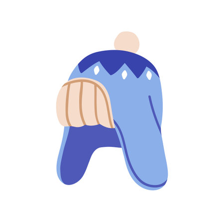 Winter hat, warm thick cap with earflaps and pompom. Wool knitted headwear accessory, soft knitwear with folded woolen cuff, pattern and pom-pom. Flat vector illustration isolated on white backgroundのイラスト素材