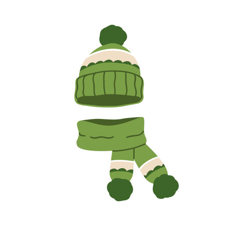 Beanie hat and wrapped scarf. Cold seasonal winter clothing, knitted warm cap with pattern and pom-pom. Cozy woolen thick accessories, knitwear. Flat vector illustration isolated on white backgroundのイラスト素材