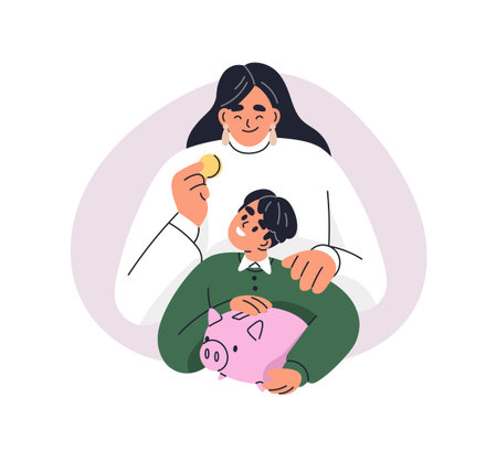 Mother and kid saving money, putting coin into piggy bank. Mom and child with piggybank, moneybox. Financial literacy, teaching finance concept. Flat vector illustration isolated on white backgroundのイラスト素材