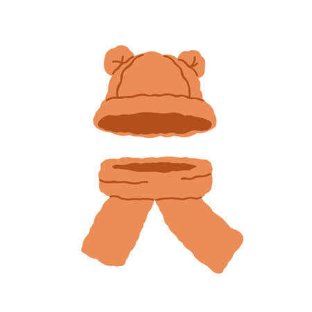 Cute fluffy hat and scarf. Winter cap with funny animal ears. Warm head and neck wear, accessories for cold season. Modern clothing, outfit. Flat vector illustration isolated on white backgroundのイラスト素材
